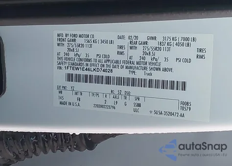 2020 Ford F-150 Xlt из США, поврежденный, VIN 1FTEW1E46LKD74028